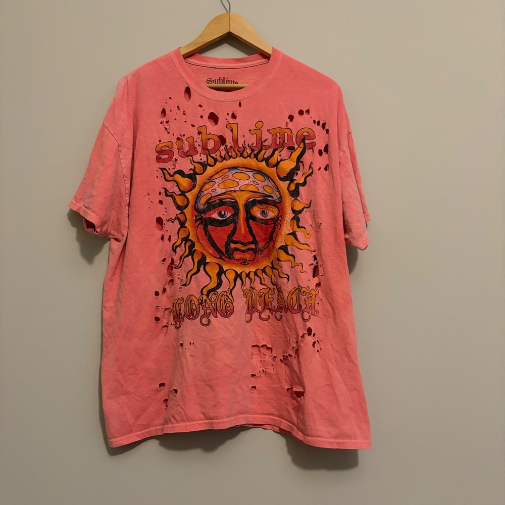 Sublime Long Beach Sun Graphic Distressed Pink Band Tee Shirt 1X SUL105867P